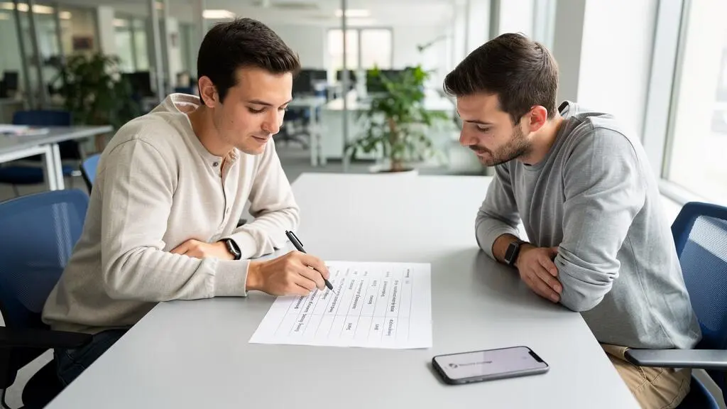 Deux collègues examinent ensemble un planning imprimé posé sur une table de bureau, un smartphone posé à côté.