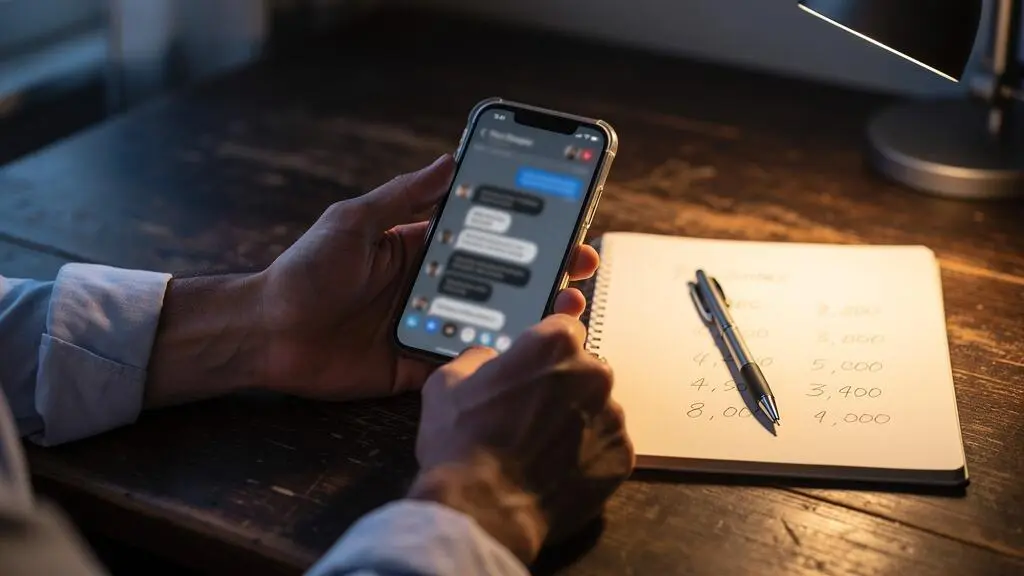 Des mains tiennent un smartphone affichant une conversation, à côté d'un carnet où sont notés des chiffres liés à un budget.