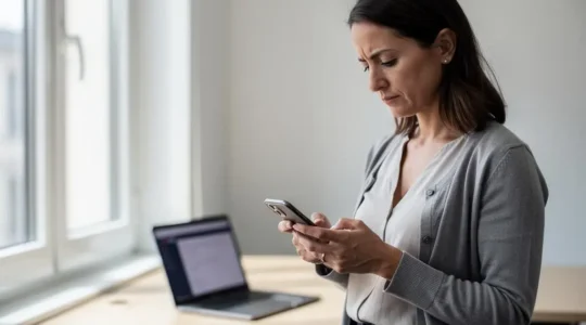 Une responsable marketing consulte un SMS sur son smartphone, son ordinateur portable ouvert derrière elle dans un bureau français.