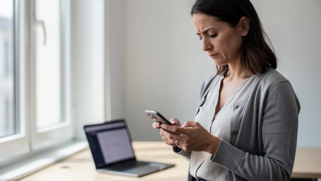 Une responsable marketing consulte un SMS sur son smartphone, son ordinateur portable ouvert derrière elle dans un bureau français.